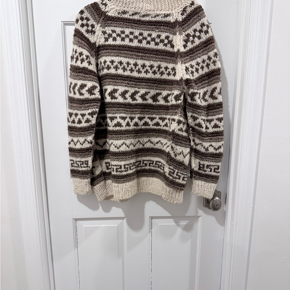Wool Fair Isle Cardigan Sweater - Cream and Brown Size M - Picture 2 of 7